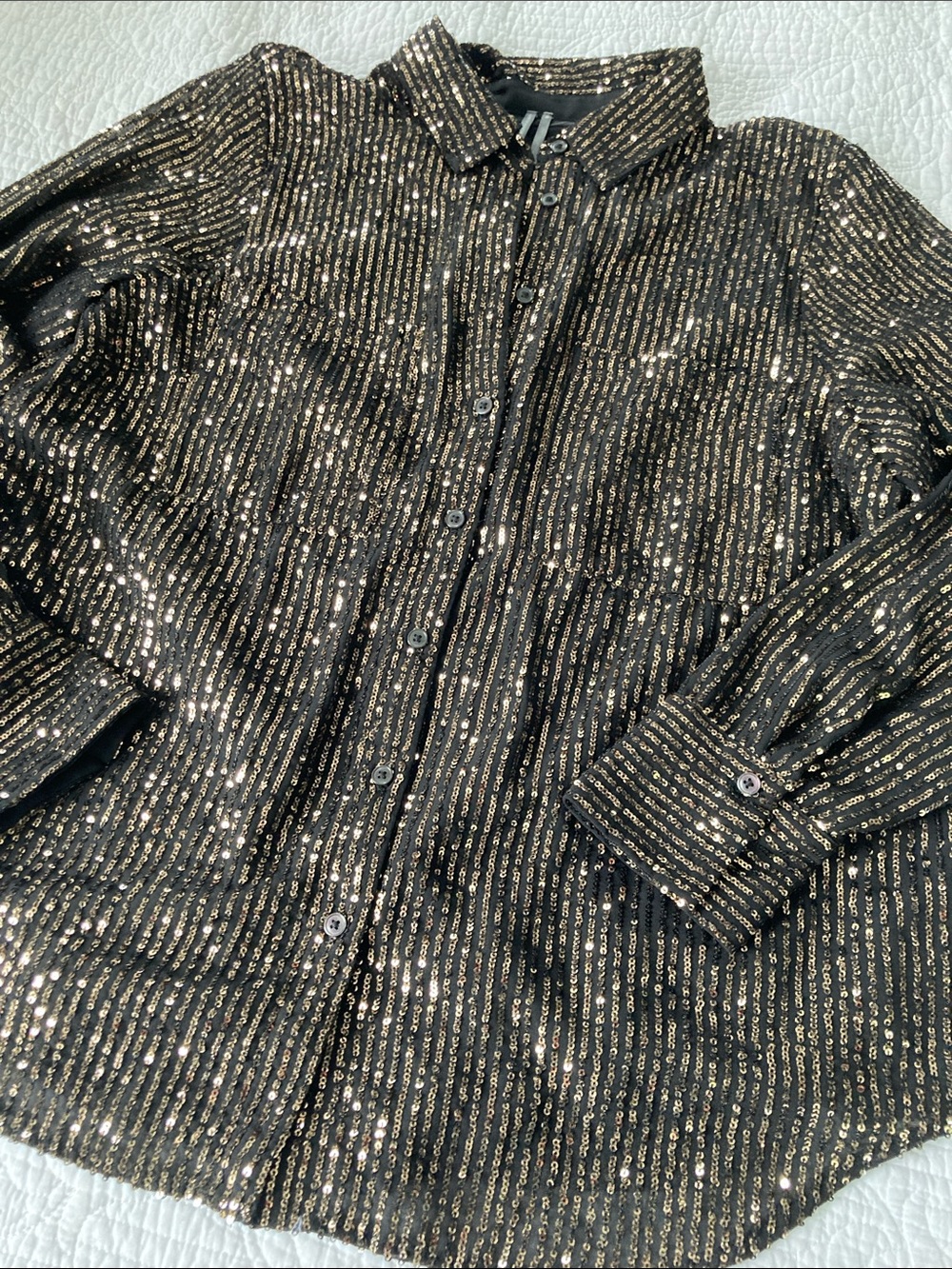 Anthropologie Black Button-Up Top with Gold Sequins XL